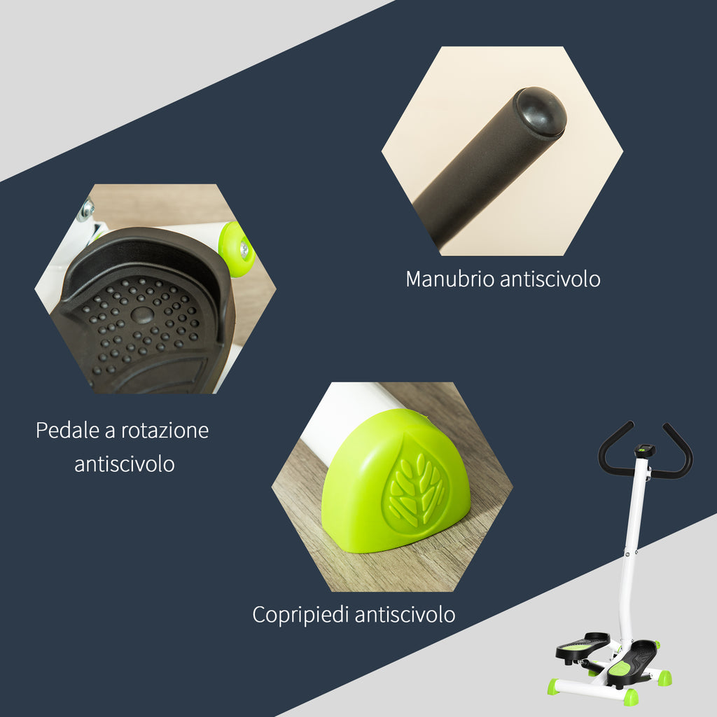 Stepper with Handlebar, Non-Slip Pedals and LCD Monitor, in Steel and ABS, 55x44x108 cm, White Black and Green