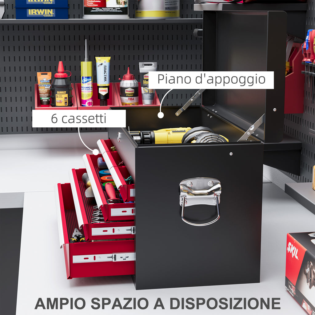 Tool Box with 6 Drawers in Steel with Lock, 60x26x34cm, Black and Red