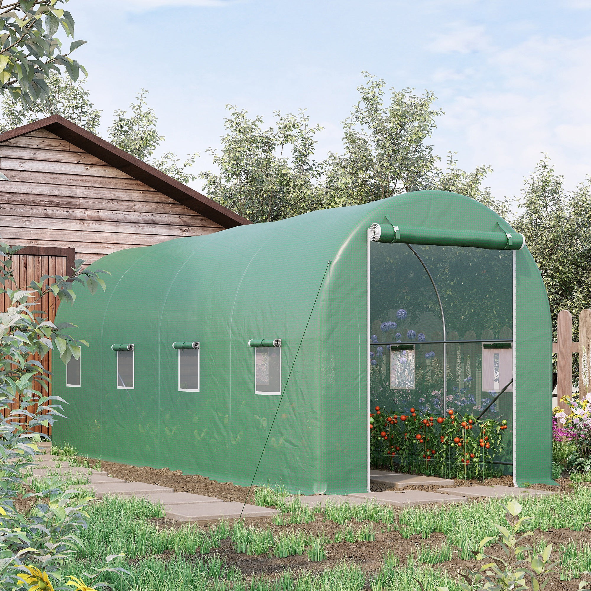 Outsunny 5x2x2m Garden Tunnel Greenhouse with 8 Windows and a Roll-Up Door, Green