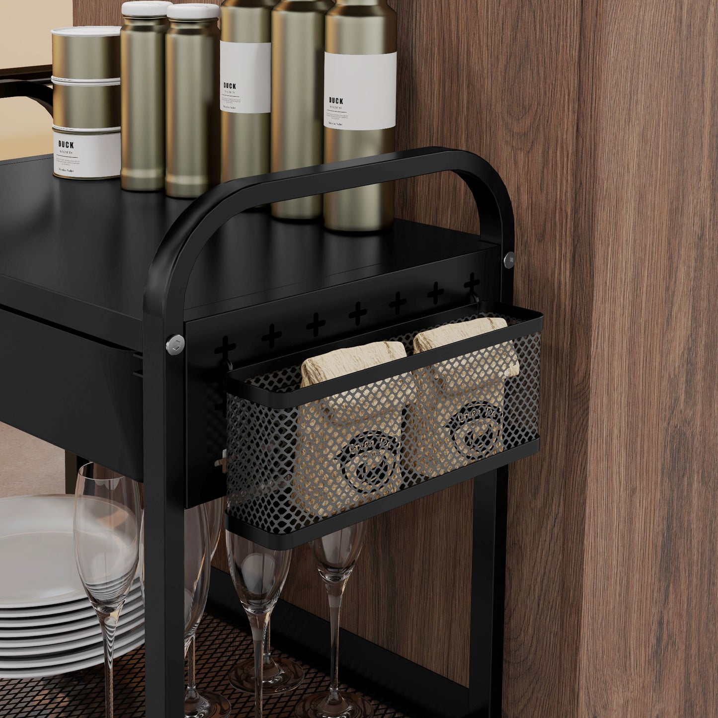 Kitchen and Multi-use Trolley with Basket, Removable Drawer and 3 Hooks, in PP and Metal, 61x32.6x58.5 cm, Black