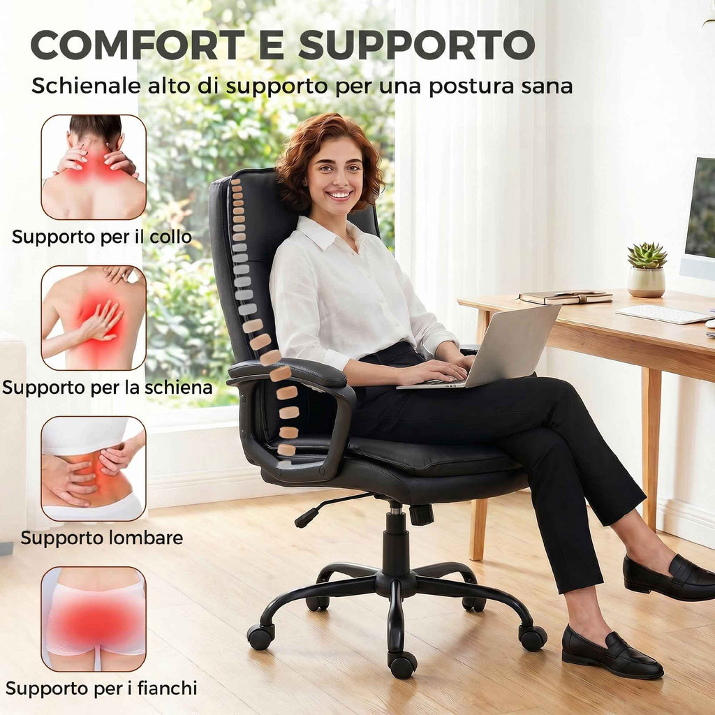 HOMCOM PU Leather Swivel Office Chair, Rocking Function, High Back, Adjustable Height, 120kg Capacity, Black