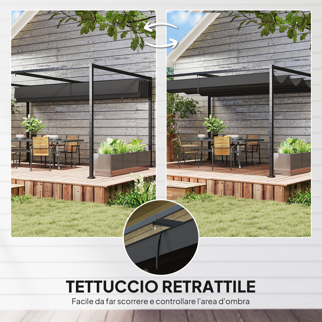 Outsunny Pergola Gazebo Outdoor 3x2.1 m with Retractable Metal and Polyester Canopy, Black