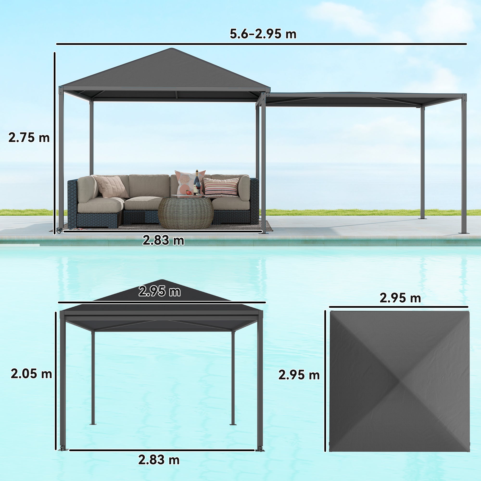 Extendable Garden Gazebo with Wheels and UPF30+ Polyester Cover, 3x3 m/3x5.6 m, Grey