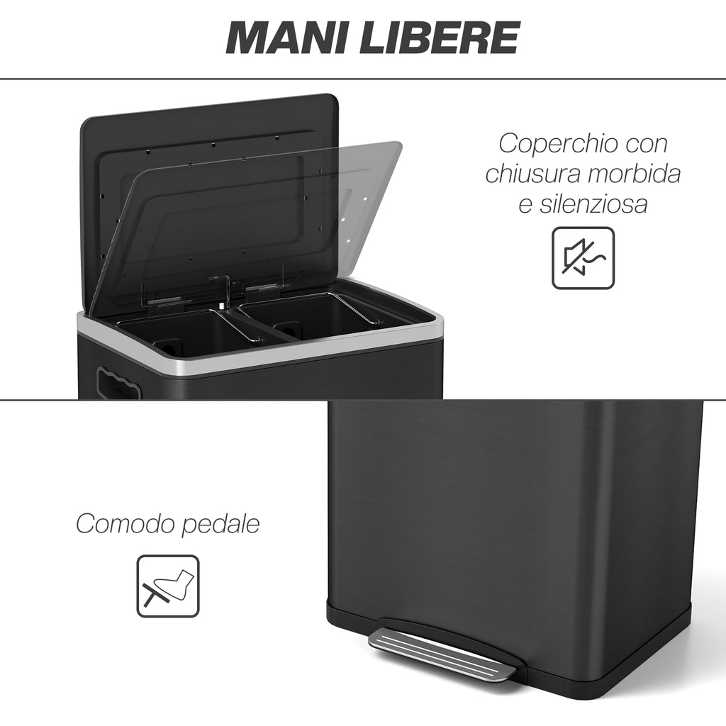 20L 2-Section Garbage Can with Silent Lid, Stainless Steel and PP, 40x34.8x59 cm, Black