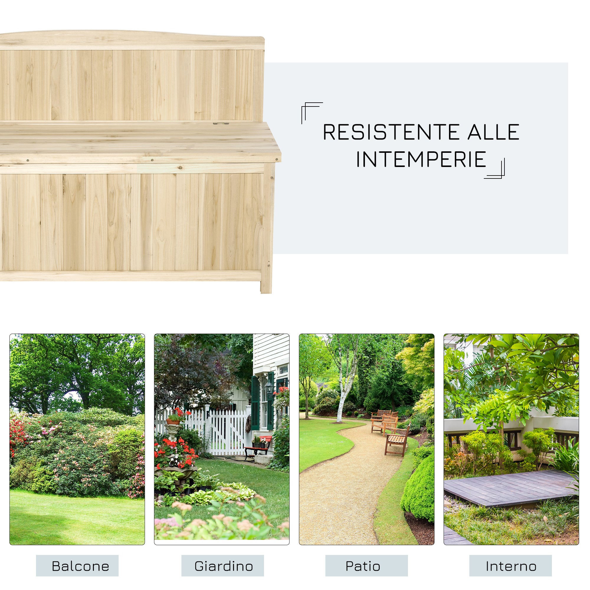 Outdoor Storage Bench in Natural Fir Wood with Backrest for Garden and Terrace, 115x45x75cm