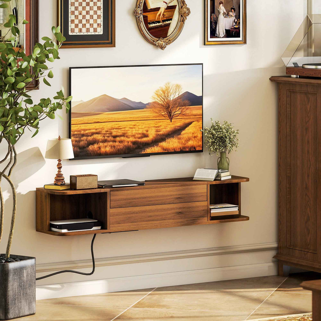 HOMCOM Wall-Mounted TV Stand for up to 50" with Power Sockets, USB and Type-C, Drawer and Shelves, 120x24x22.4 cm, Walnut