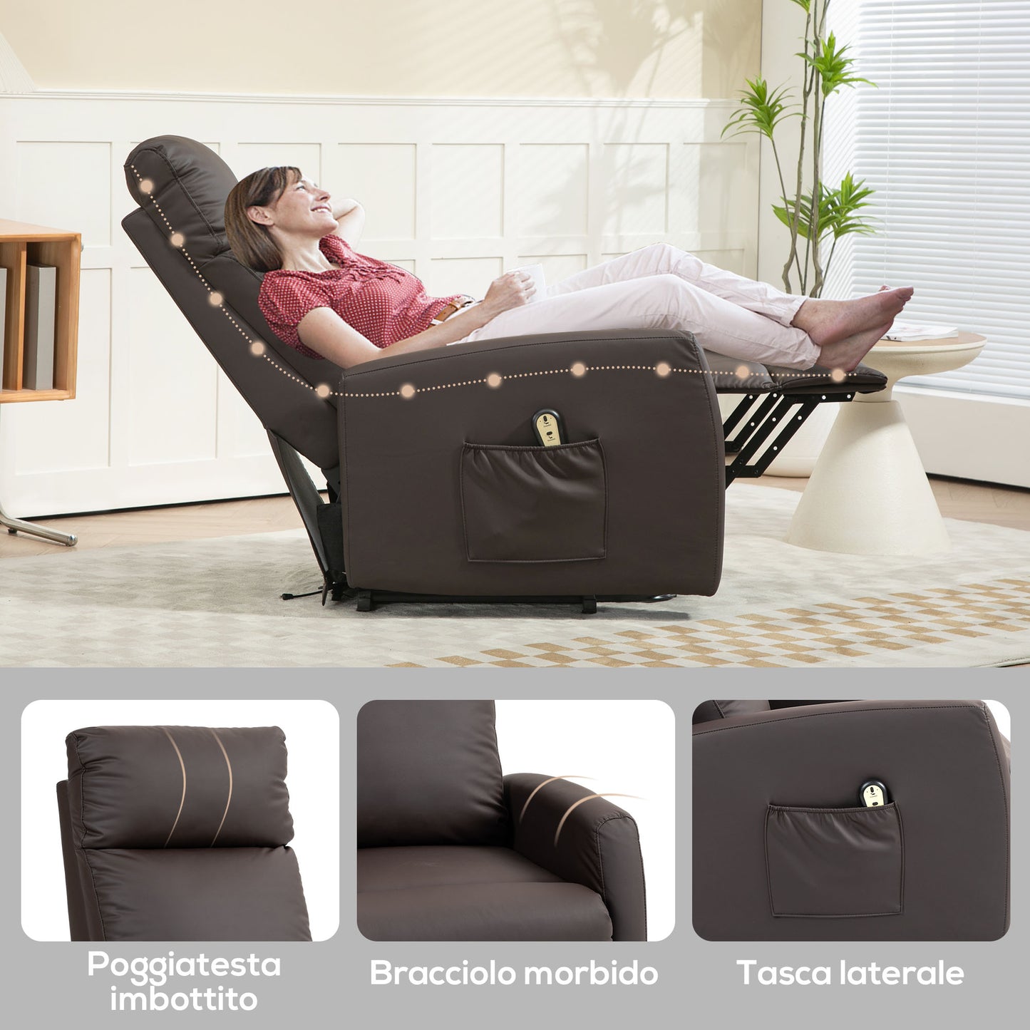 145° Reclining Lift Chair with Remote Control and Footrest, Dark Brown PU Leather, 67x95x105 cm