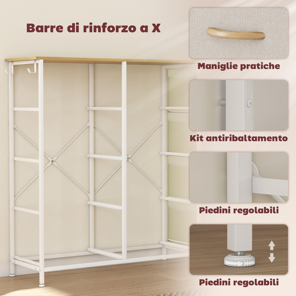 8-Drawer Folding Chest of Drawers with 4 Pockets and 2 Hooks, Made of Wood, Steel and Fabric, 86x30x94.5 cm