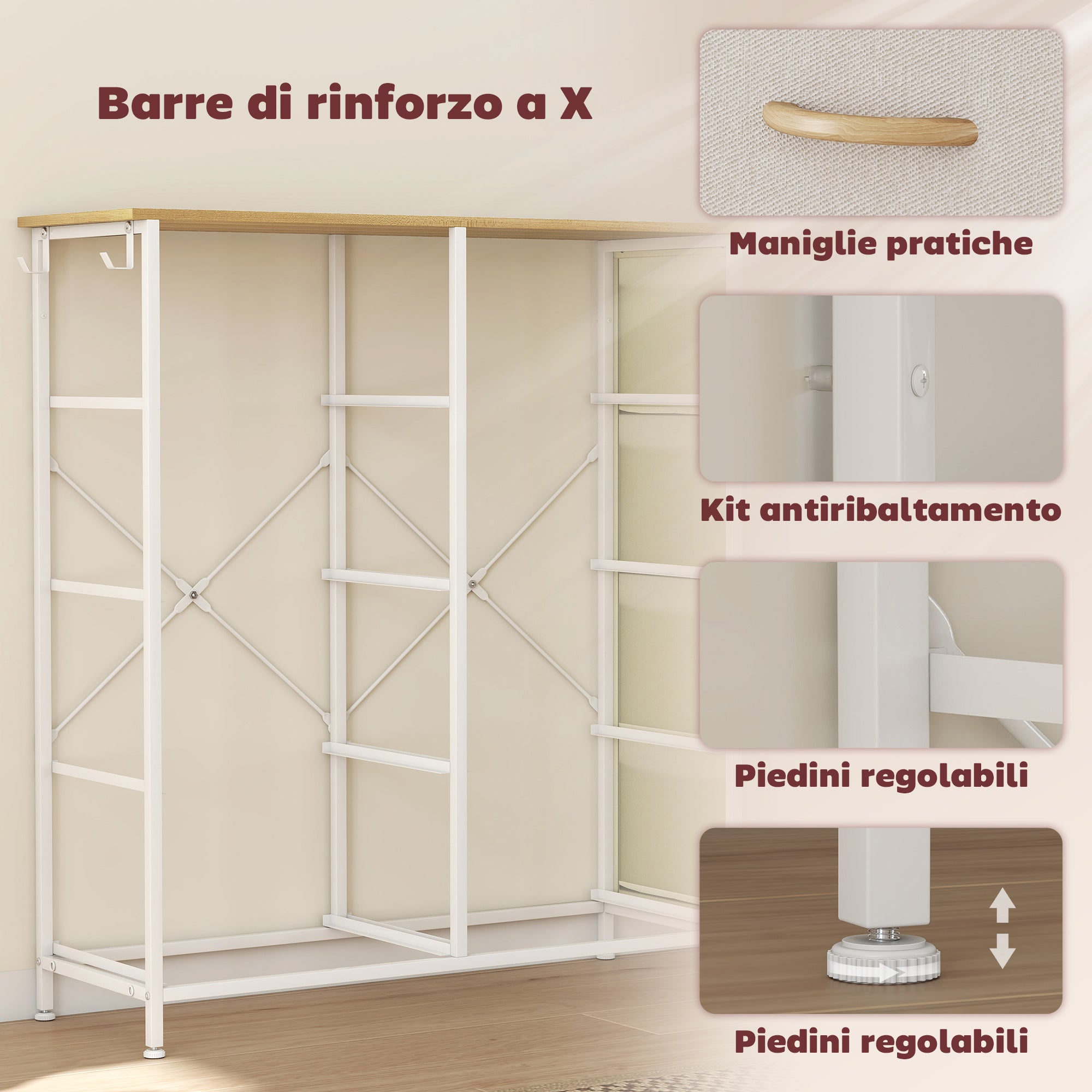 8-Drawer Folding Chest of Drawers with 4 Pockets and 2 Hooks, Made of Wood, Steel and Fabric, 86x30x94.5 cm