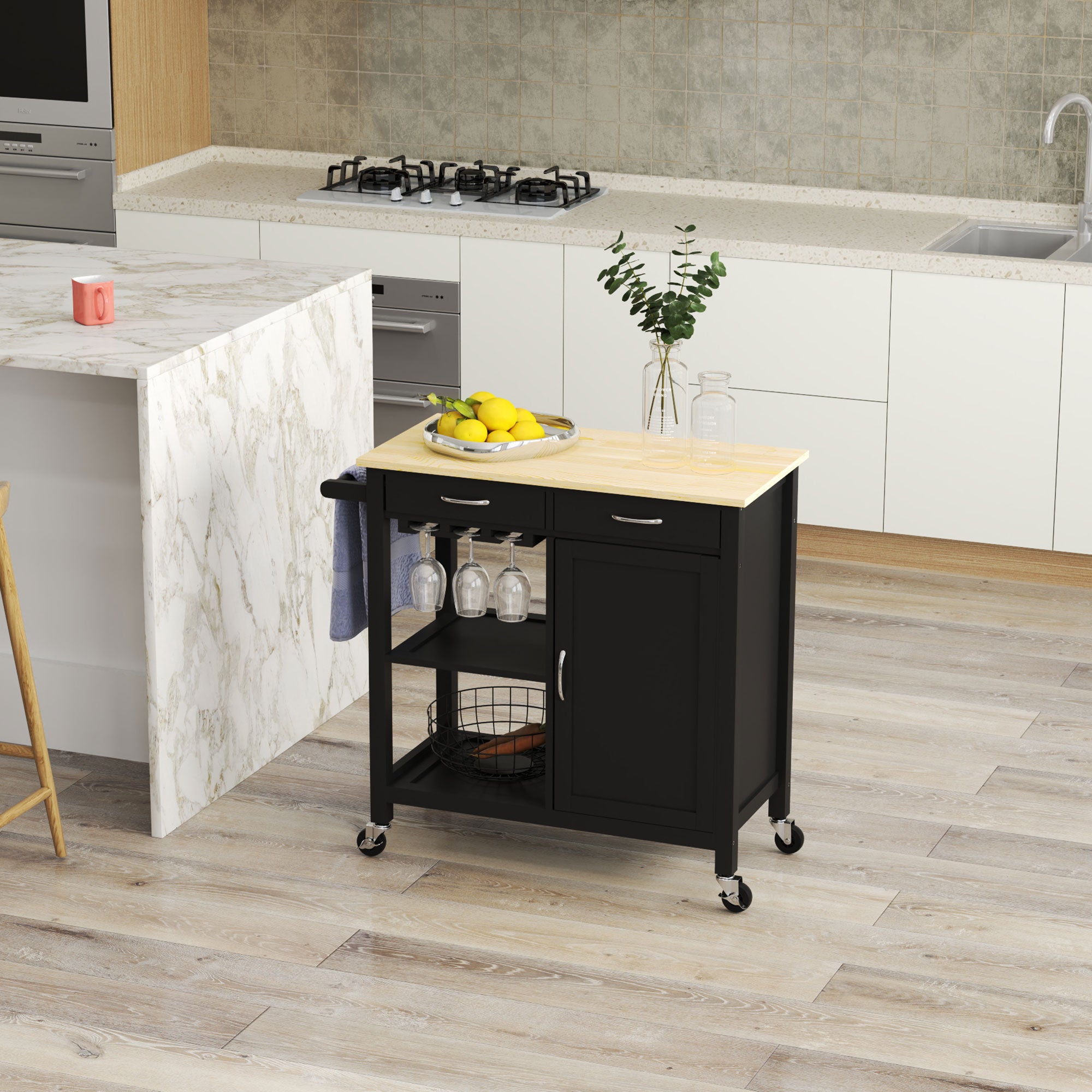 Classic Kitchen Trolley with Drawers, Wheels and 2-Door Space-Saving Cabinet 89x40x84cm, Black
