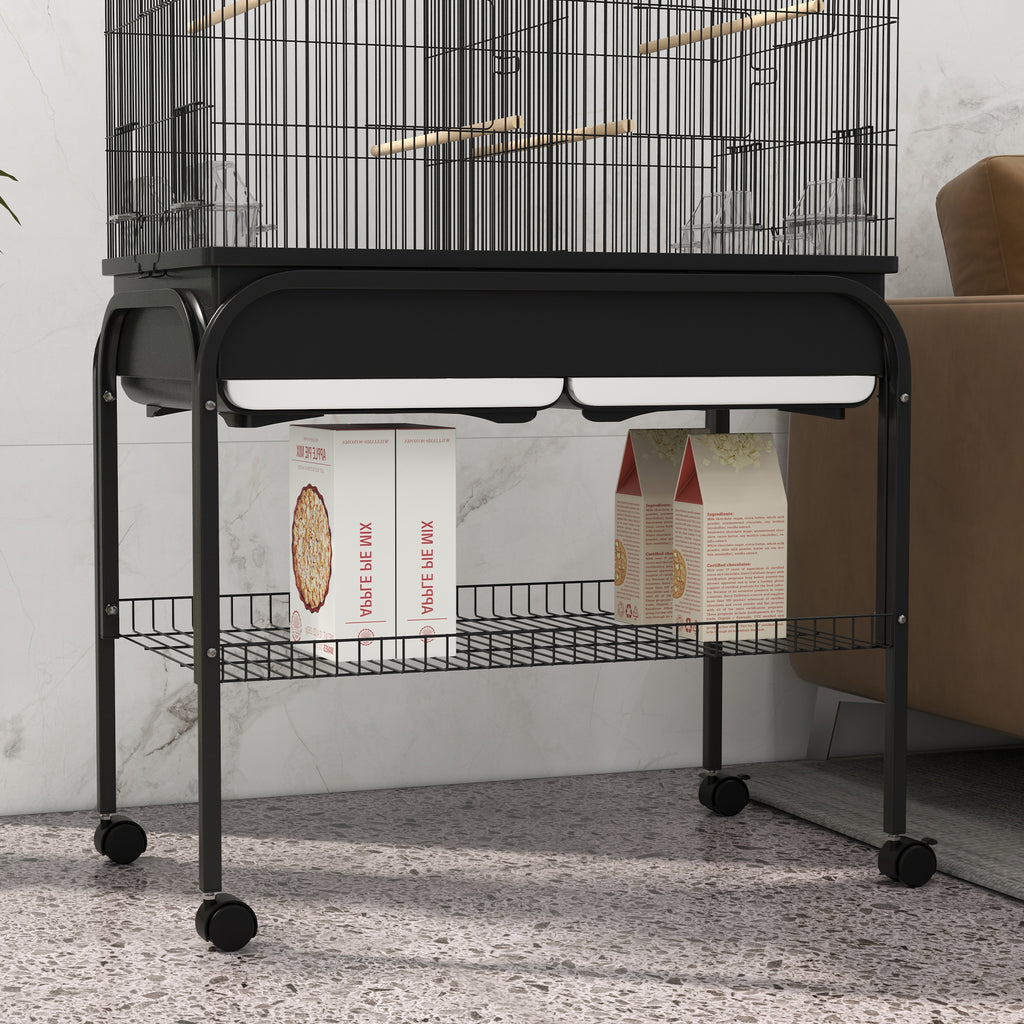 PawHut Indoor Bird Cage with Tray, Shelf and Wheels with Brakes, 85x49x119 cm, Black