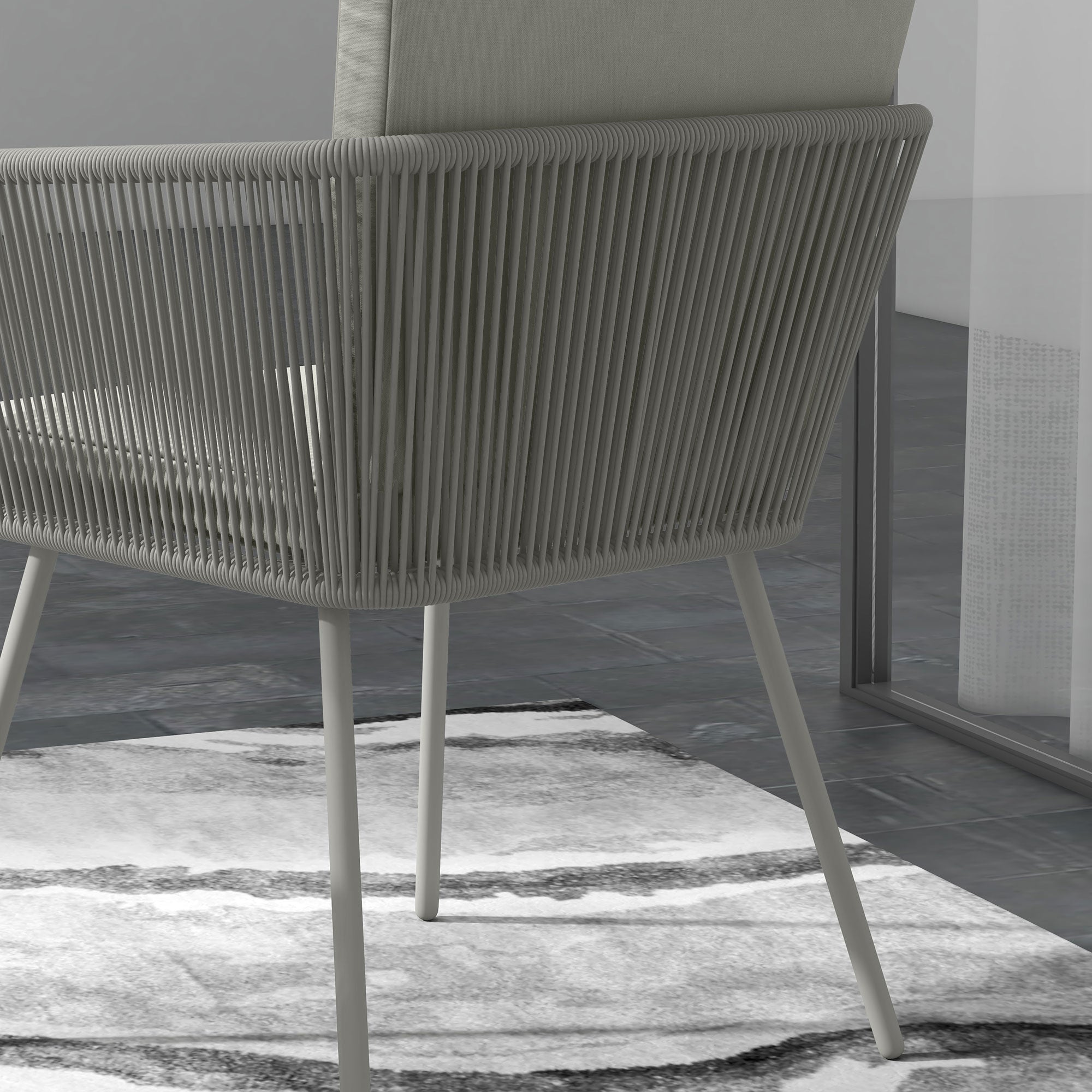 Outdoor Set with Glass Coffee Table and 2 Rattan Garden Chairs Boho Style, Light Grey