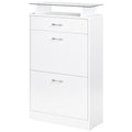 Wooden Shoe Cabinet with 2 Doors, 2 Levels, Drawer and Glass Shelf 60x24x105.5 cm, White