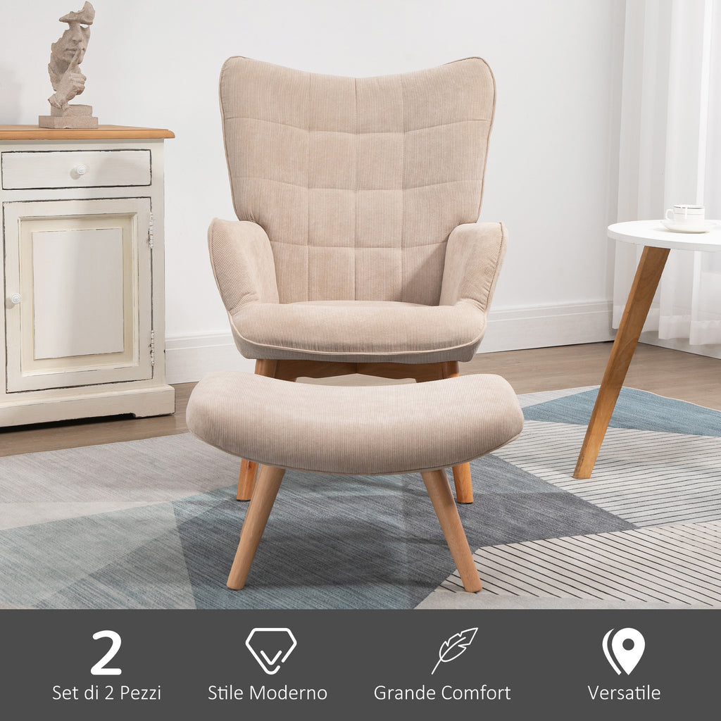 Relaxing Chair with Pouf Footstool in Corduroy with High Back and Armrests, Beige