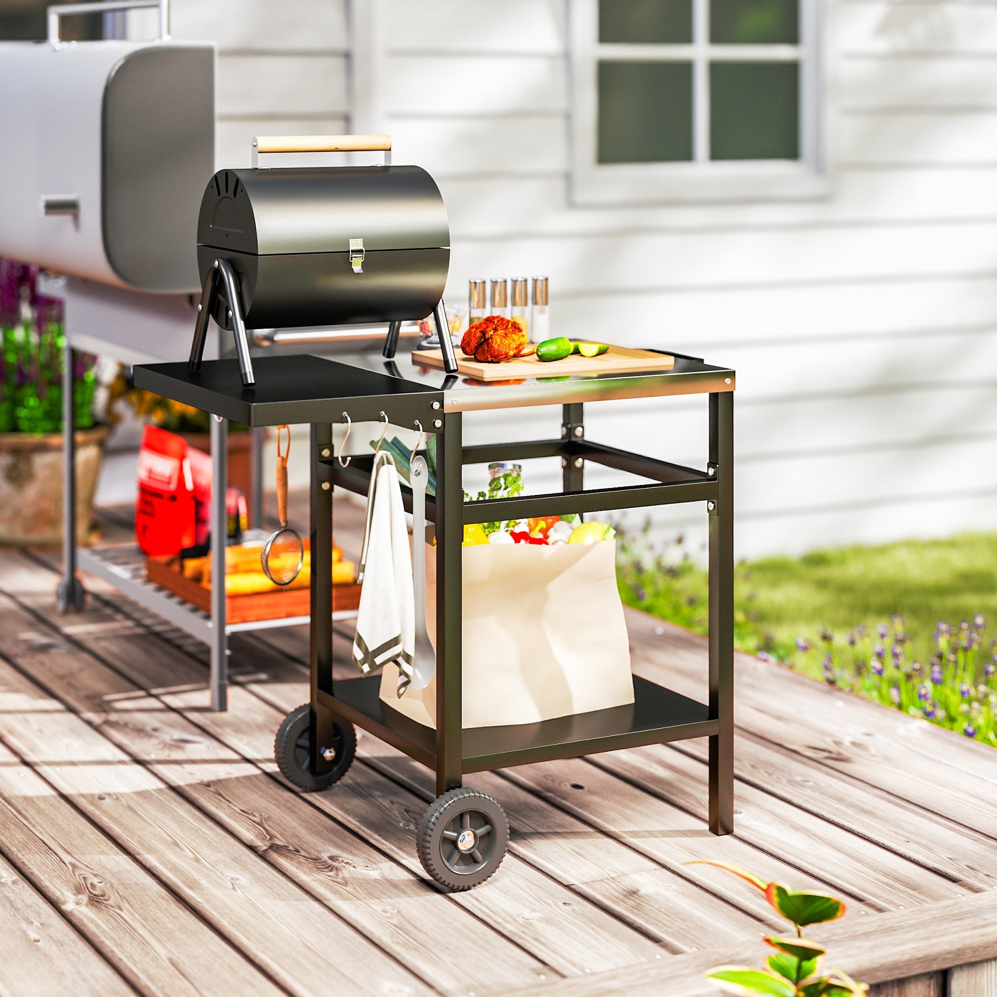 Barbecue Trolley with Steel Top and Foldable Shelf, Wheels and Hooks, 91x58x76 cm, Black