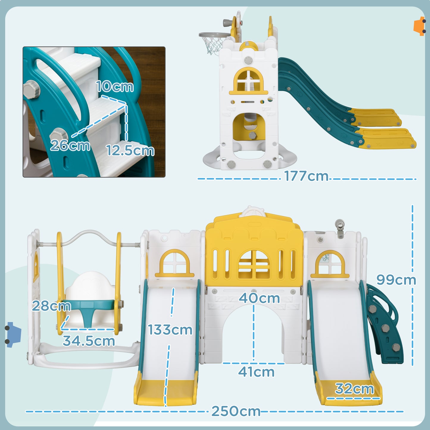 8 in 1 Children's Game with 2 Slides and Swing Ages 1-3 Years, Ladder and Basket, Yellow