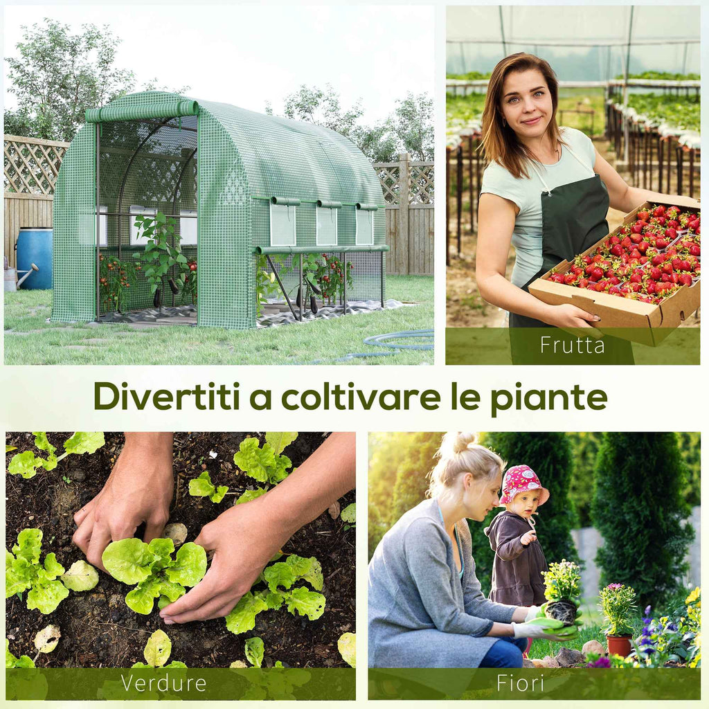 Outsunny 3x2x2m Steel Vegetable Garden Greenhouse with PE Cover, Zip Doors and Mesh Windows, Green