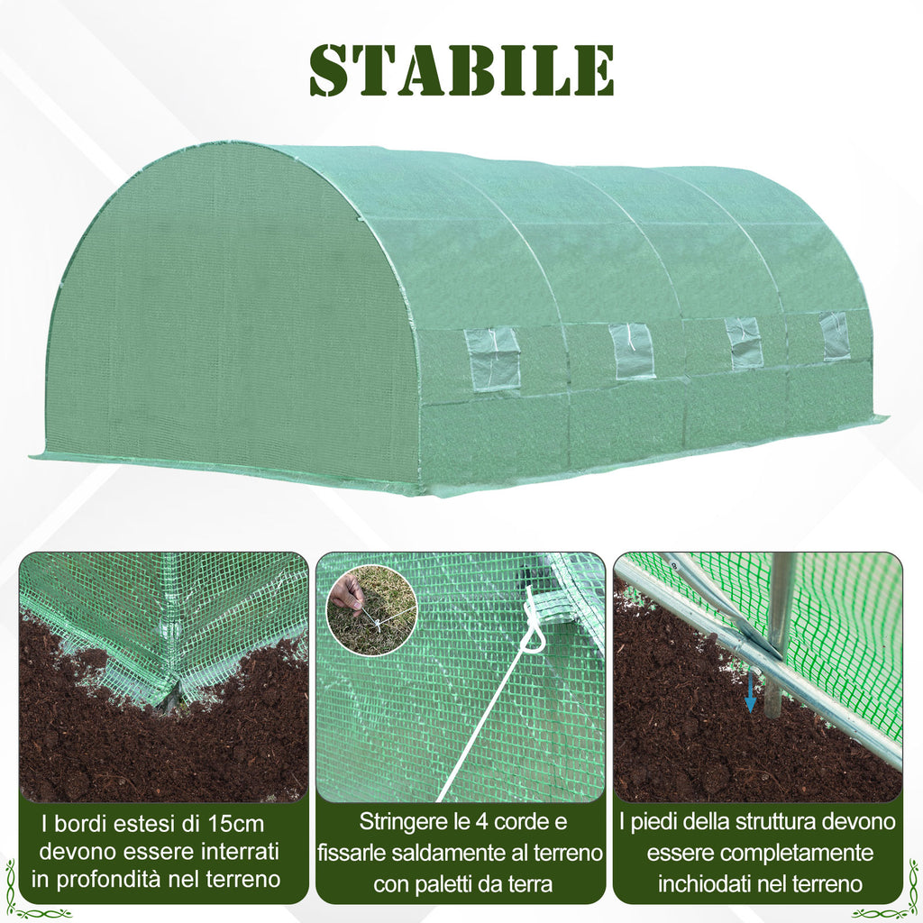 Outsunny Tunnel Greenhouse, Outdoor Vegetable Garden Greenhouse with Roll-Up Door and 8 Windows, 6x3x2 m, Steel and PE, Green