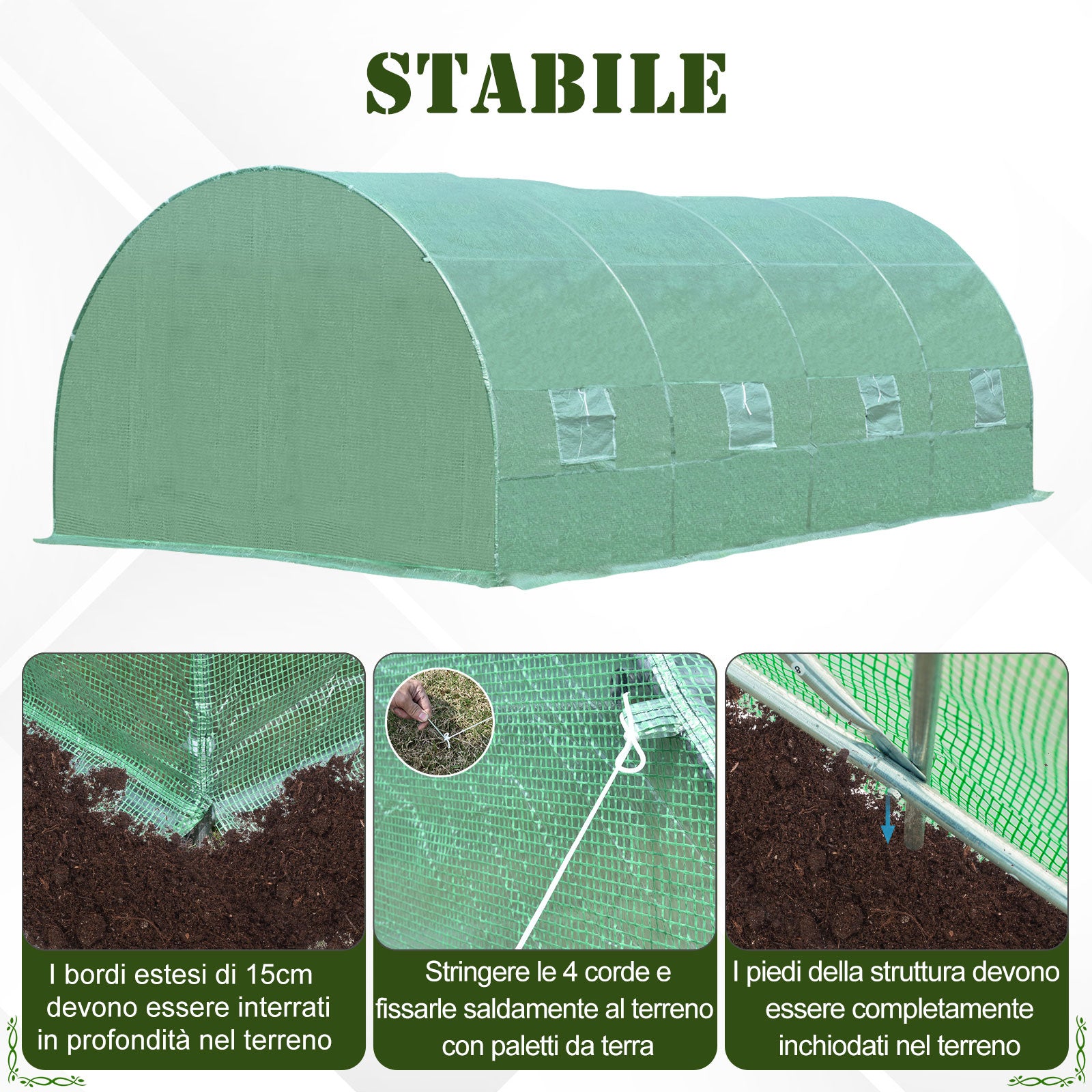 Outsunny Tunnel Greenhouse, Outdoor Vegetable Garden Greenhouse with Roll-Up Door and 8 Windows, 6x3x2 m, Steel and PE, Green