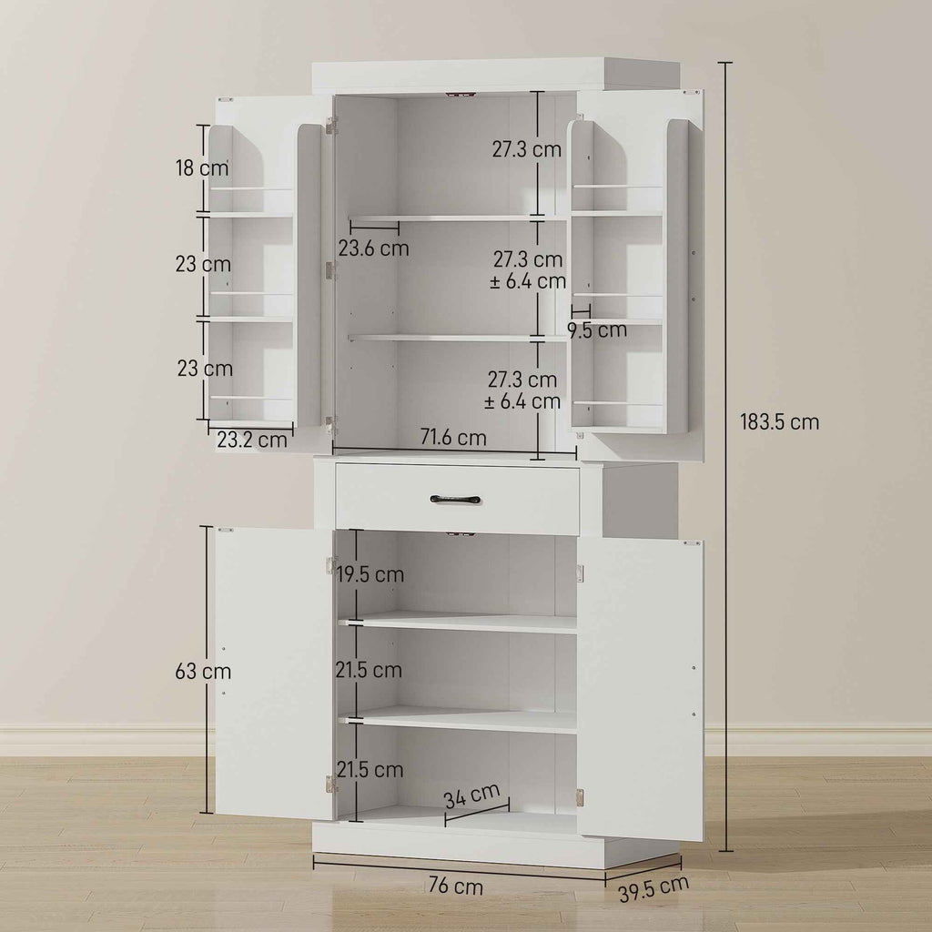 HOMCOM Country Style Kitchen Pantry with 2 Cabinets, 6 Shelves and Drawer, Wooden, 76x39.5x183.5 cm, White