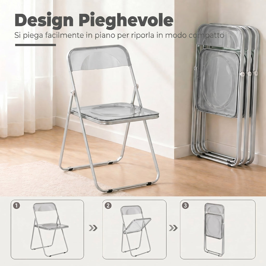 HOMCOM Set of 4 Clear Acrylic Folding Chairs, Grey