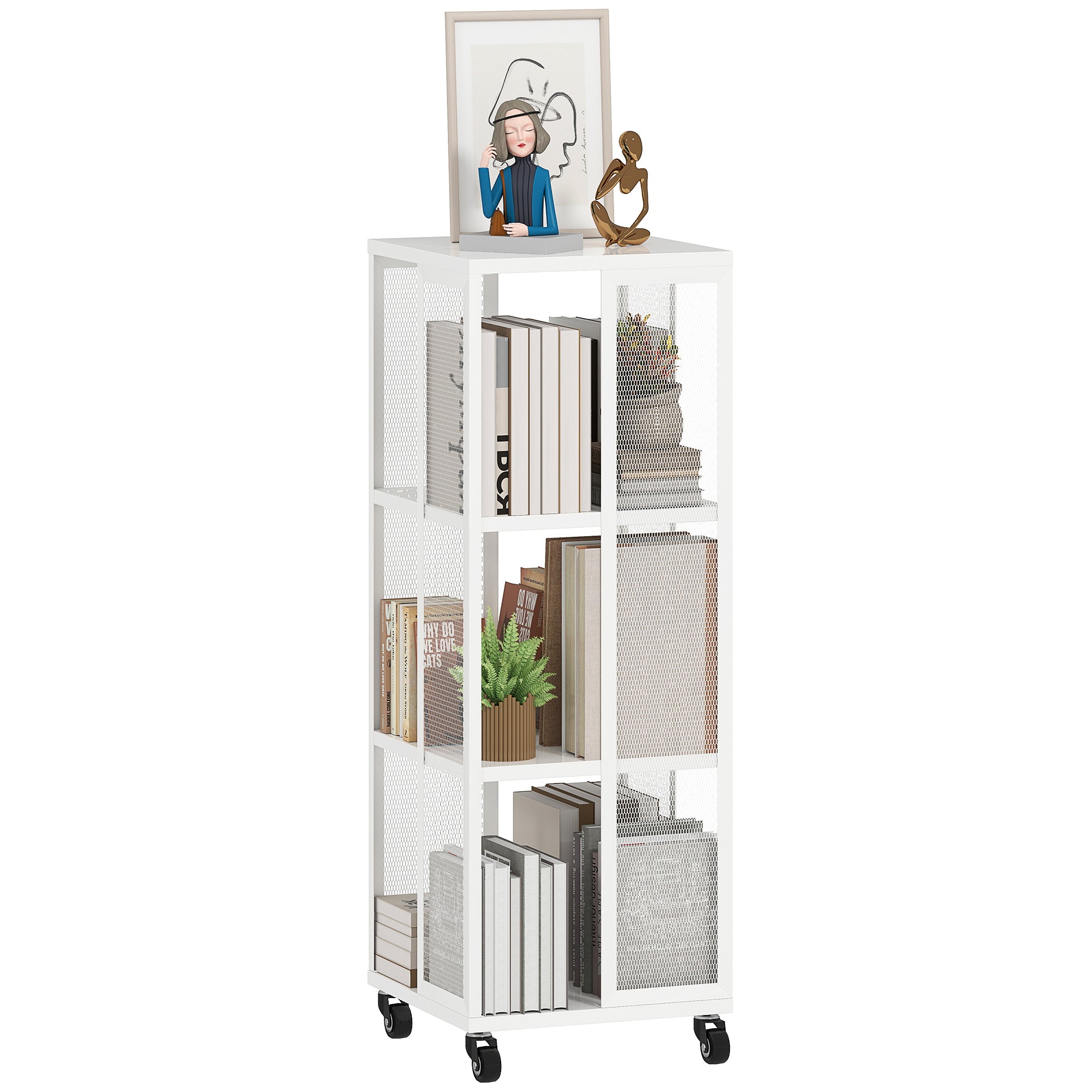 Modern 3-Tier Metal Mesh Bookcase with Wheels, 35x35x99cm, White