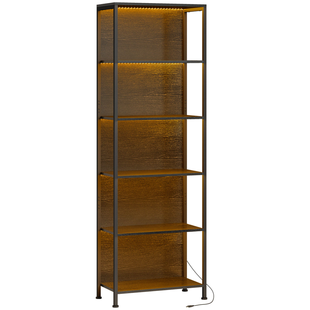 Industrial Style 5-Tier Bookcase with LED Lighting, Metal and Wood, 60x30x179 cm, Black