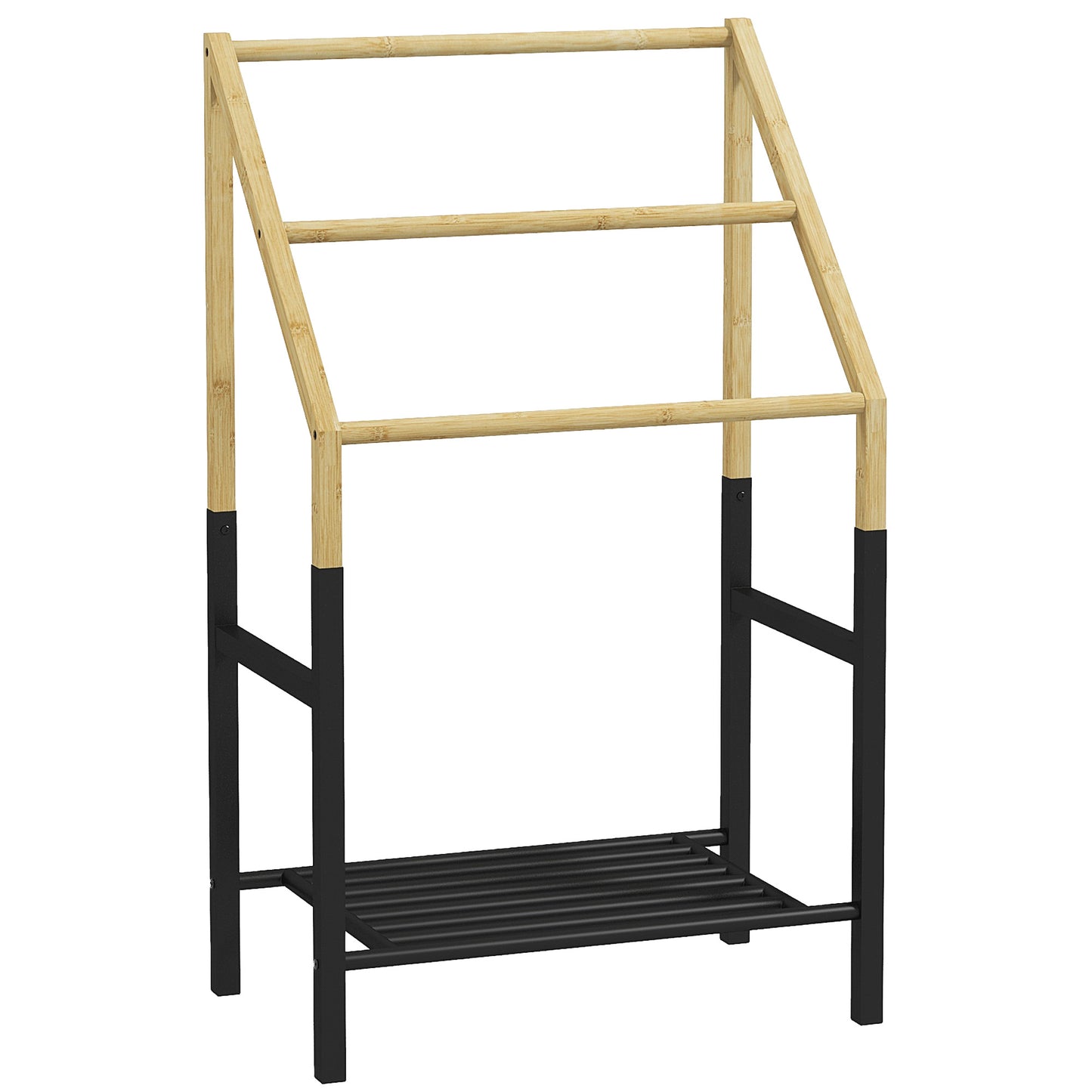 Floor Standing Towel Rack with 3 Bars and Lower Shelf, in Bamboo and Steel, 51x31x85.5 cm, Black and Wood Color