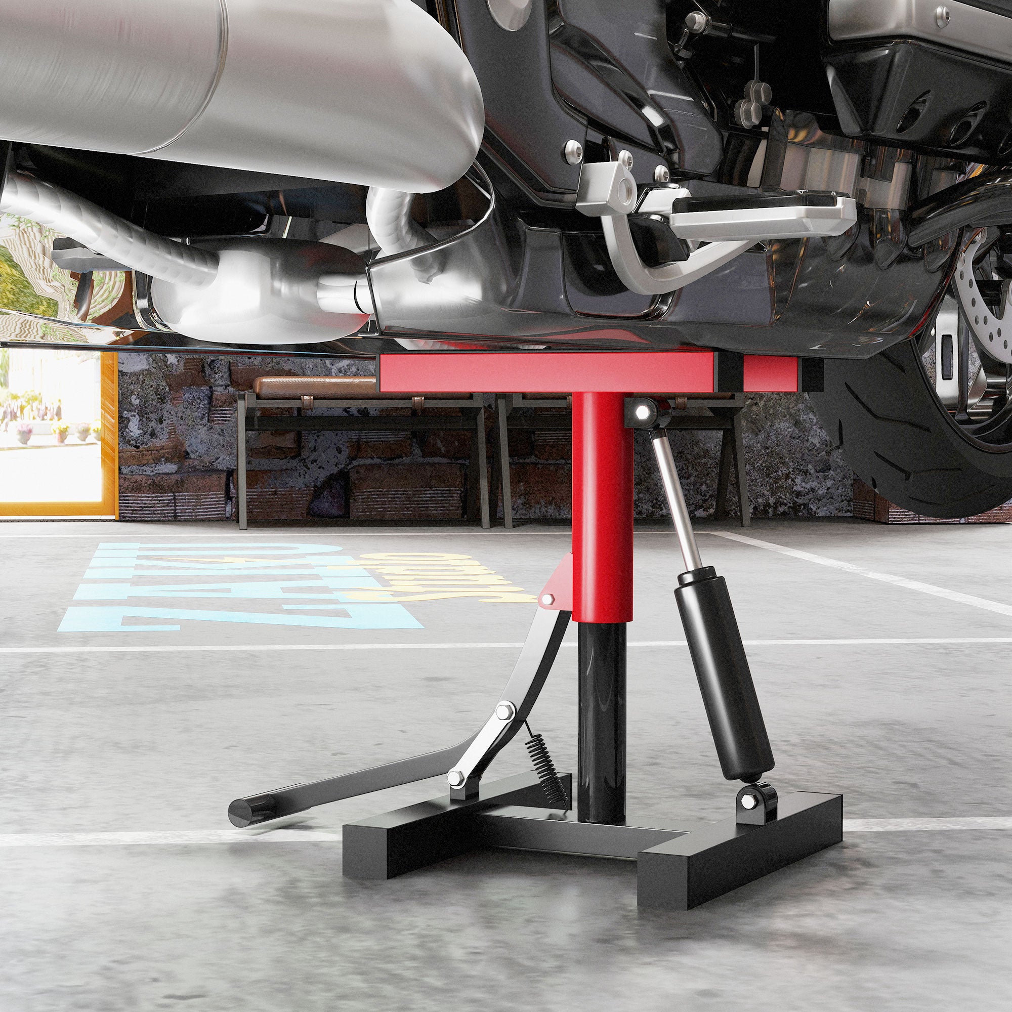 Steel Motorcycle Stand, 150kg Capacity, Adjustable Height and Non-Slip Surface, Red