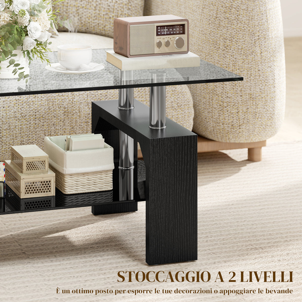 HOMCOM Modern 2-Tier Wood and Steel Coffee Table with Tempered Glass Top, 90x50x42 cm, Black