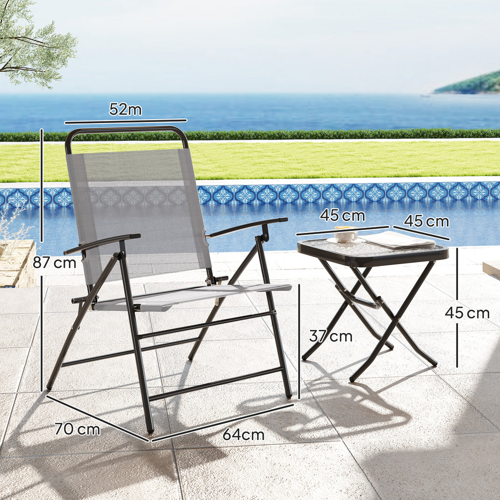 Garden Set with Glass Top Table and 2 Folding Chairs with Adjustable Backrest, Grey
