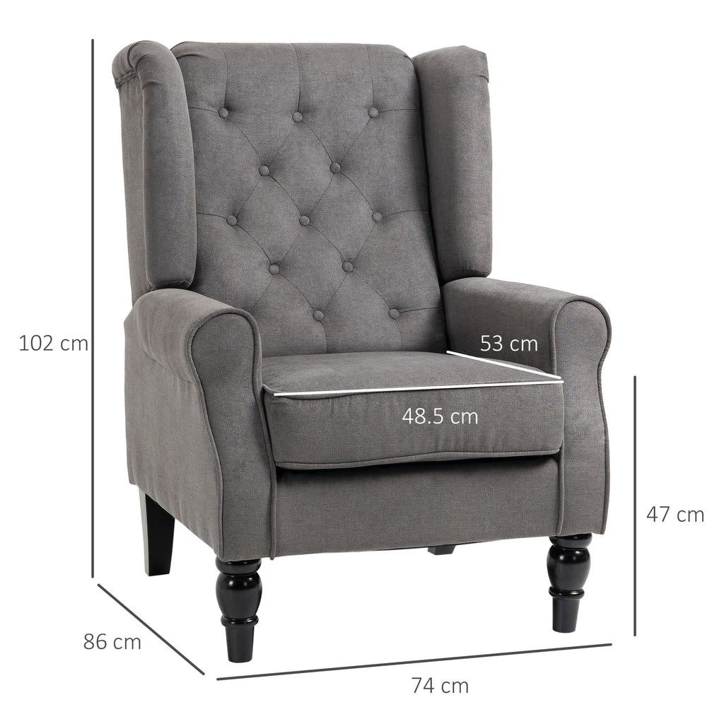 French Style Lounge Chair with Wooden Legs and Removable Cushions, 74x86x102 cm, Grey