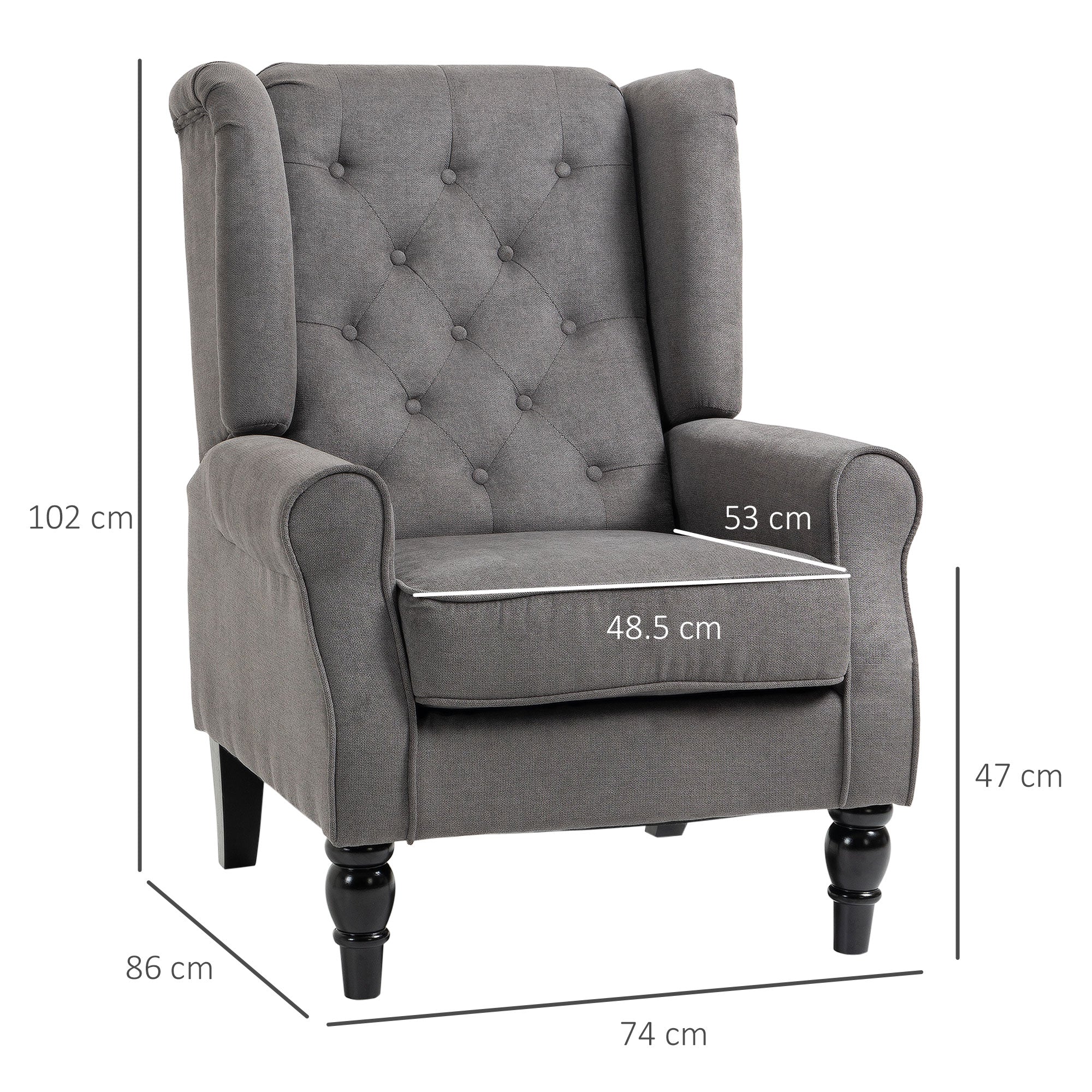 French Style Lounge Chair with Wooden Legs and Removable Cushions, 74x86x102 cm, Grey