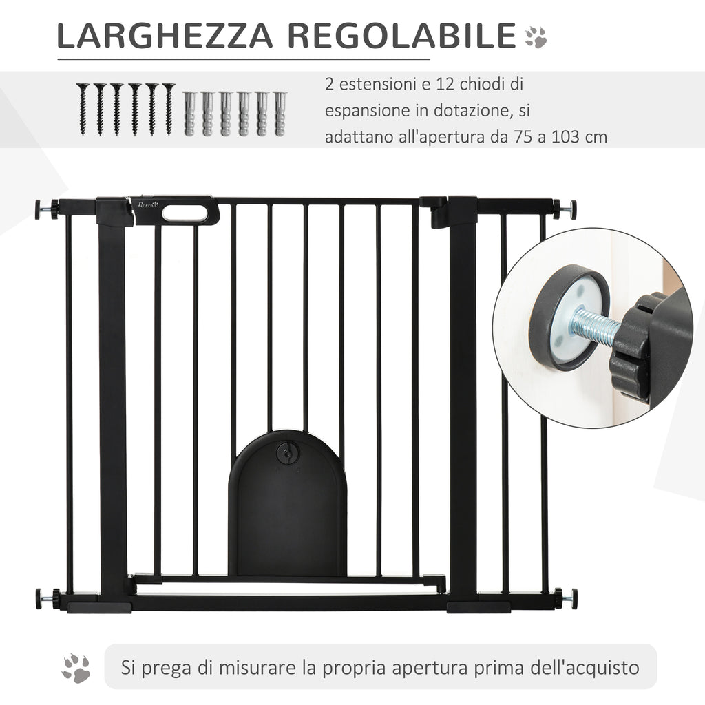 Adjustable Dog Gate with Small Door and Automatic Closure, 75-103x76cm, Black