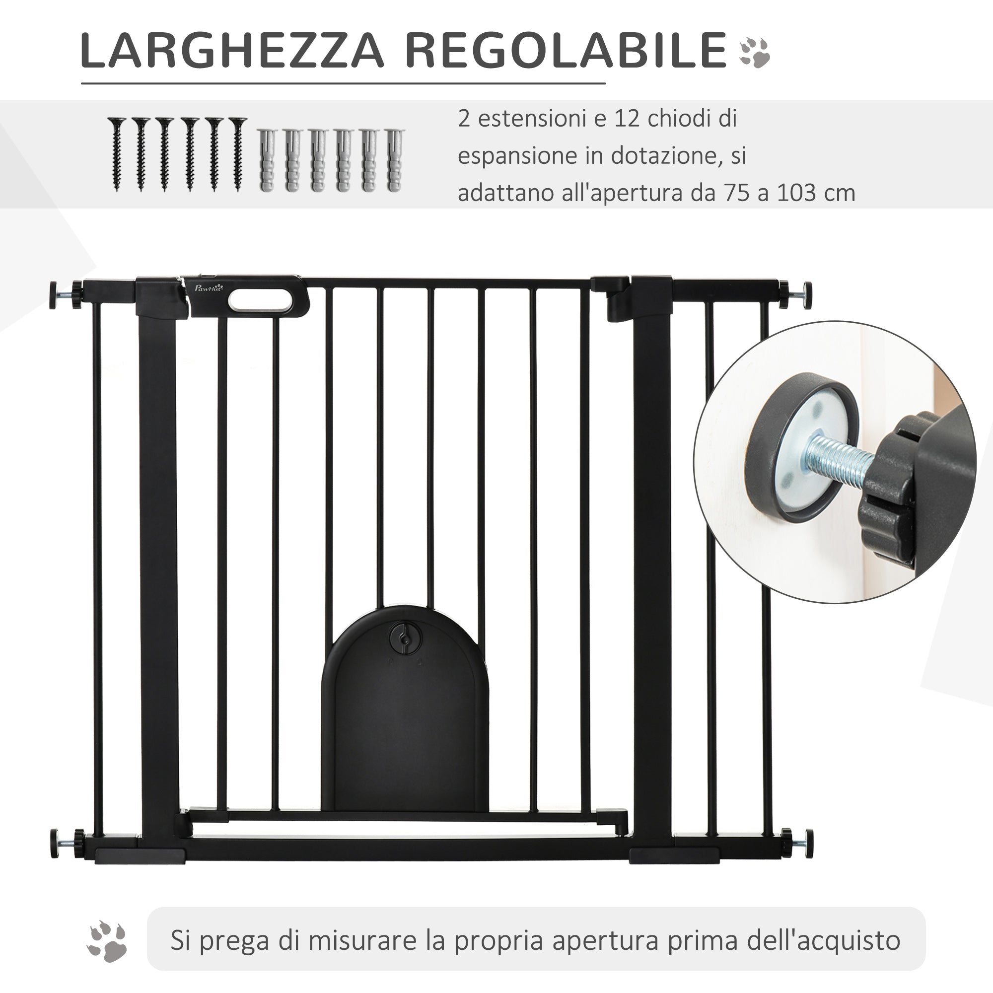 Adjustable Dog Gate with Small Door and Automatic Closure, 75-103x76cm, Black