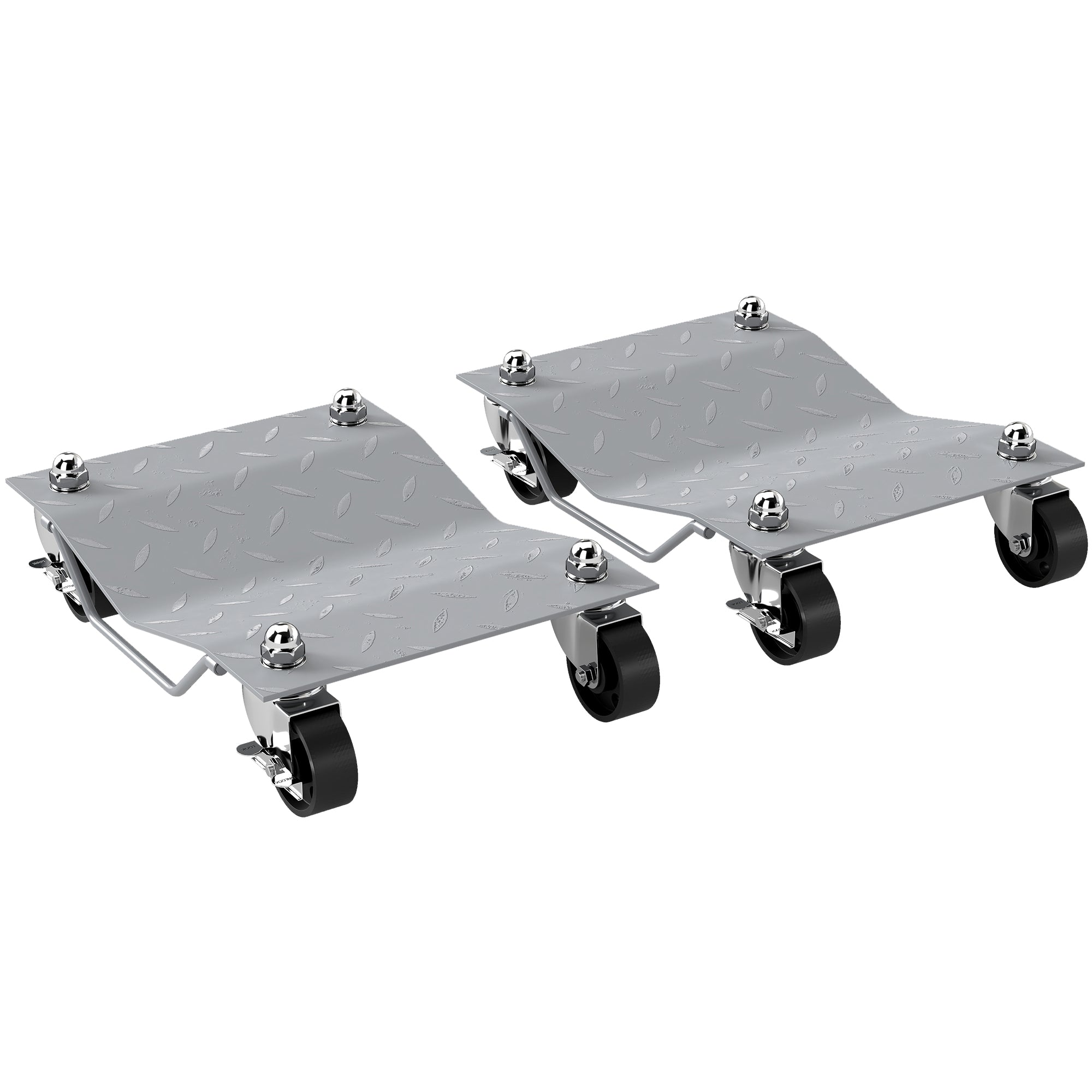 Set of 2 Non-Slip Metal Car Dollies with Lockable Swivel Wheels, Silver