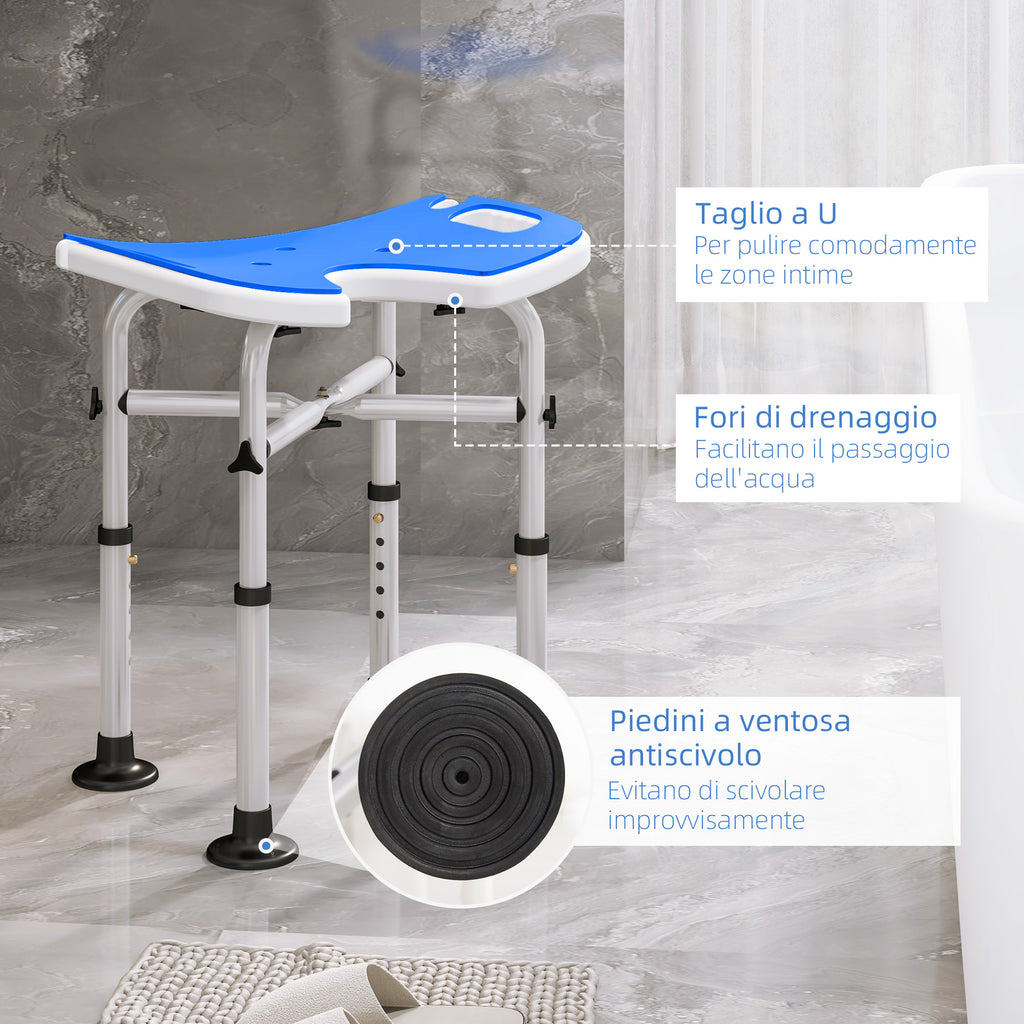Height-Adjustable Shower Stool with Handle, U-Shaped Padded Seat and Non-Slip Feet, Blue