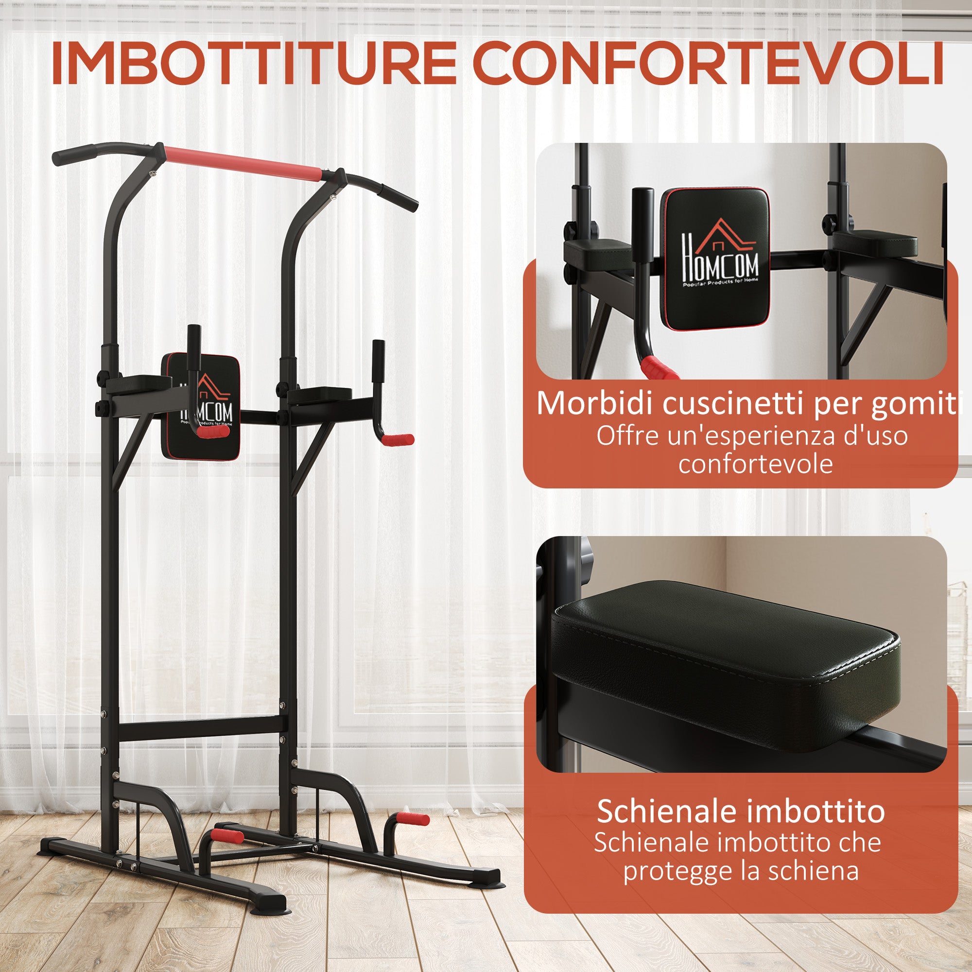 Power Tower Pull-Up Bar Multifunctional Fitness Station Adjustable 189-239cm Steel Black Red