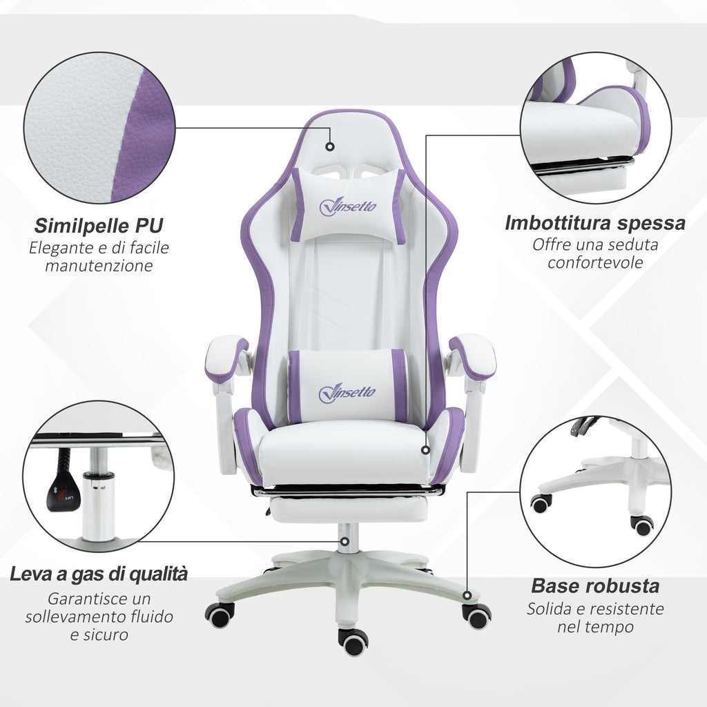 Gaming Chair with Adjustable Height and Reclining Backrest, 65x65x121-129 cm, White and Purple