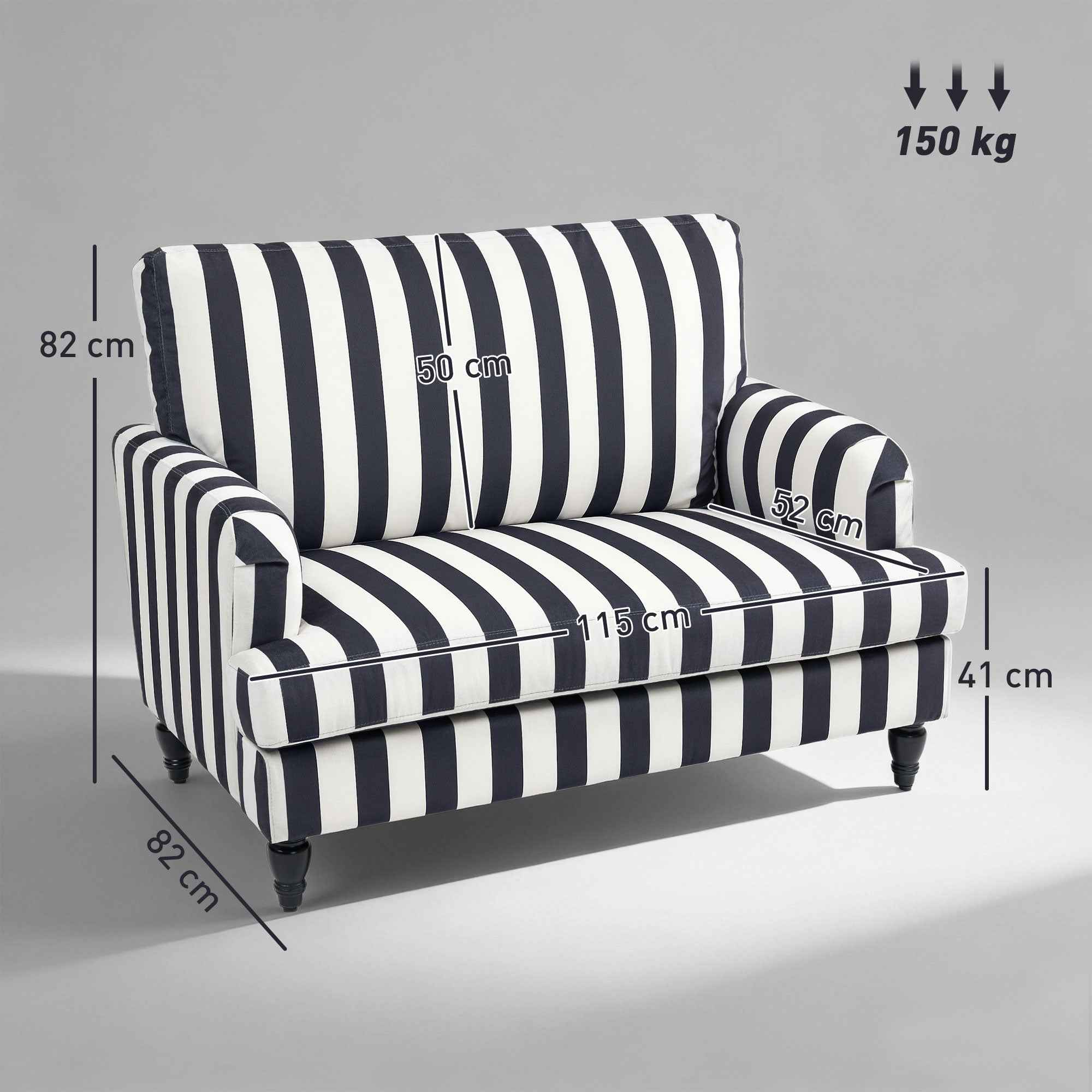HOMCOM Striped Velvet Wide Seat Lounge Chair with S-Shaped Springs, 115x82x82 cm, Black and White