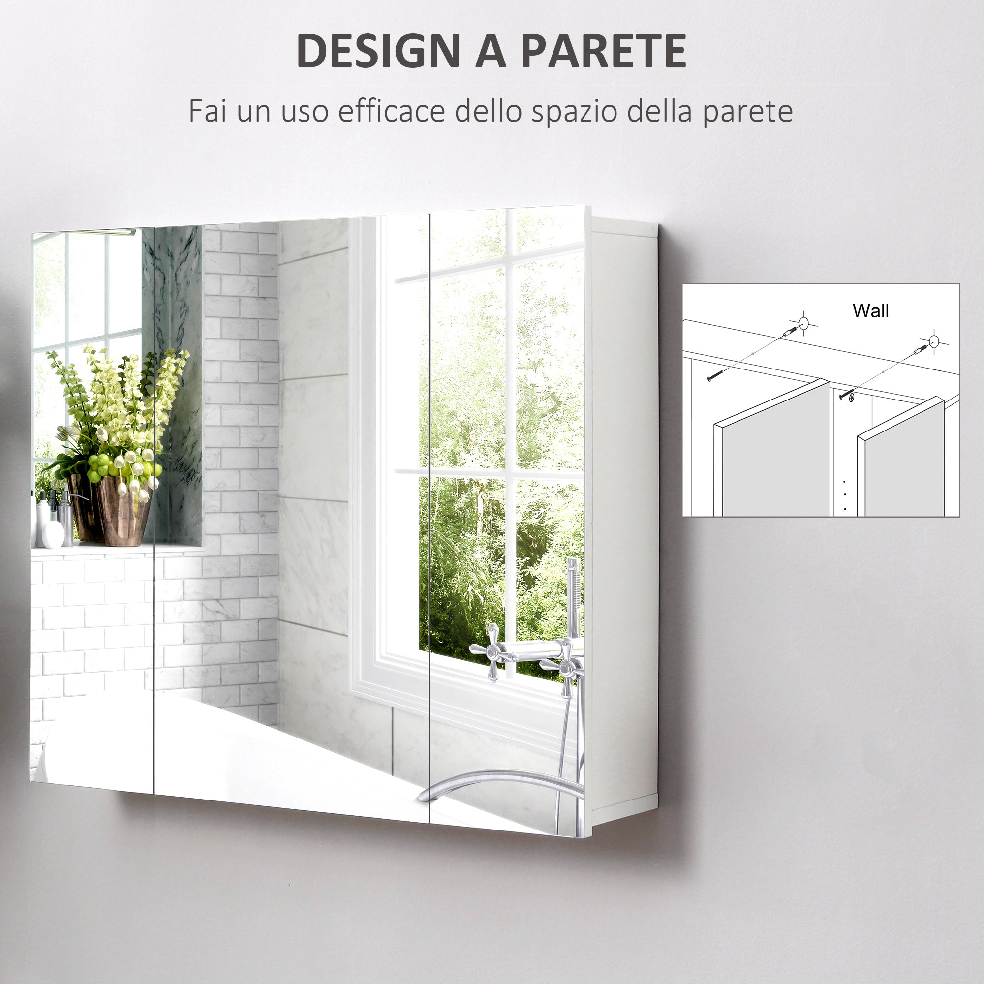 Bathroom Cabinet with 3 Mirrored Doors and Adjustable Shelves, 70x15x60cm, White - Borgè