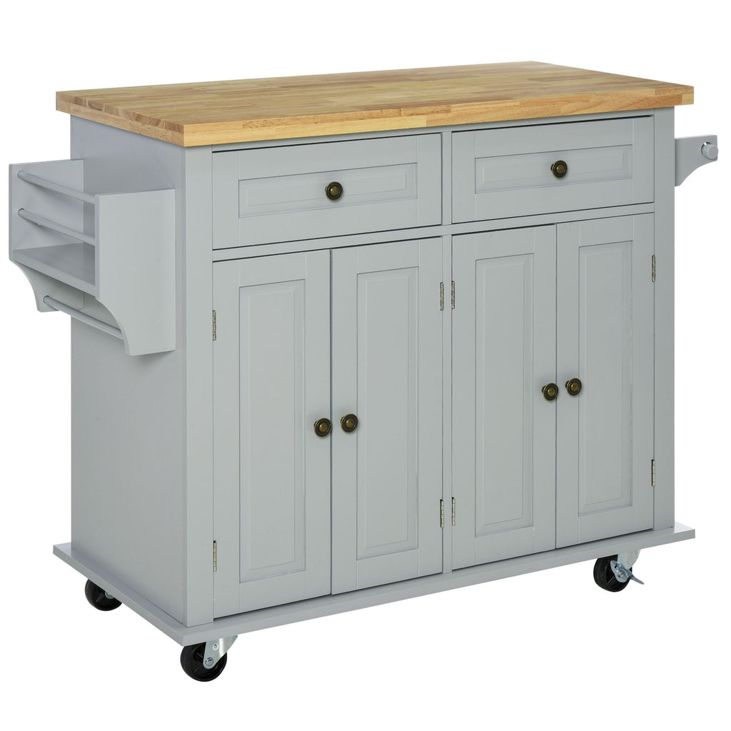 Kitchen Trolley with 2 Drawers and 2 Cabinets, Wooden Top, Spice Rack and Tea Towel Holder, Grey
