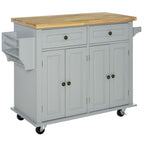 Kitchen Trolley with 2 Drawers and 2 Cabinets, Wooden Top, Spice Rack and Tea Towel Holder, Grey
