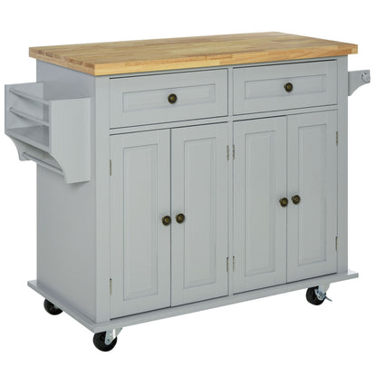 Kitchen Trolley with 2 Drawers and 2 Cabinets, Wooden Top, Spice Rack and Tea Towel Holder, Gray