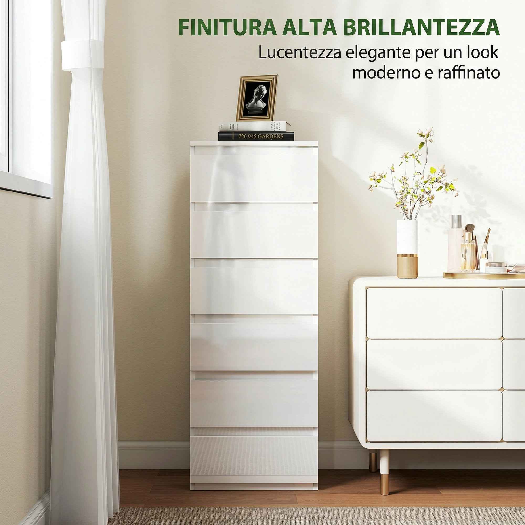 HOMCOM Slim Dresser, 6 Drawers, Gloss Finish, Bedroom, White