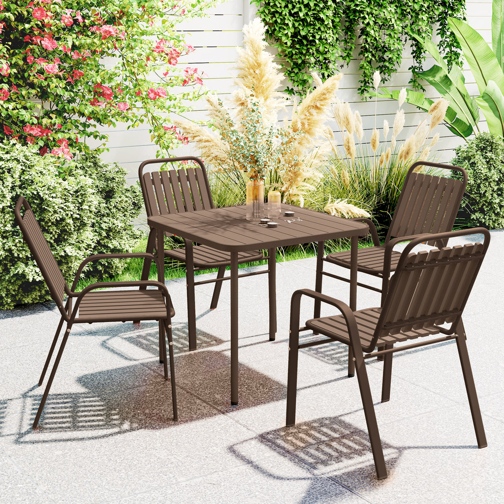 Set of 4 Stackable Outdoor Chairs with High Backrest and Armrests, in Steel and PP, 56x66x91 cm, Dark Brown