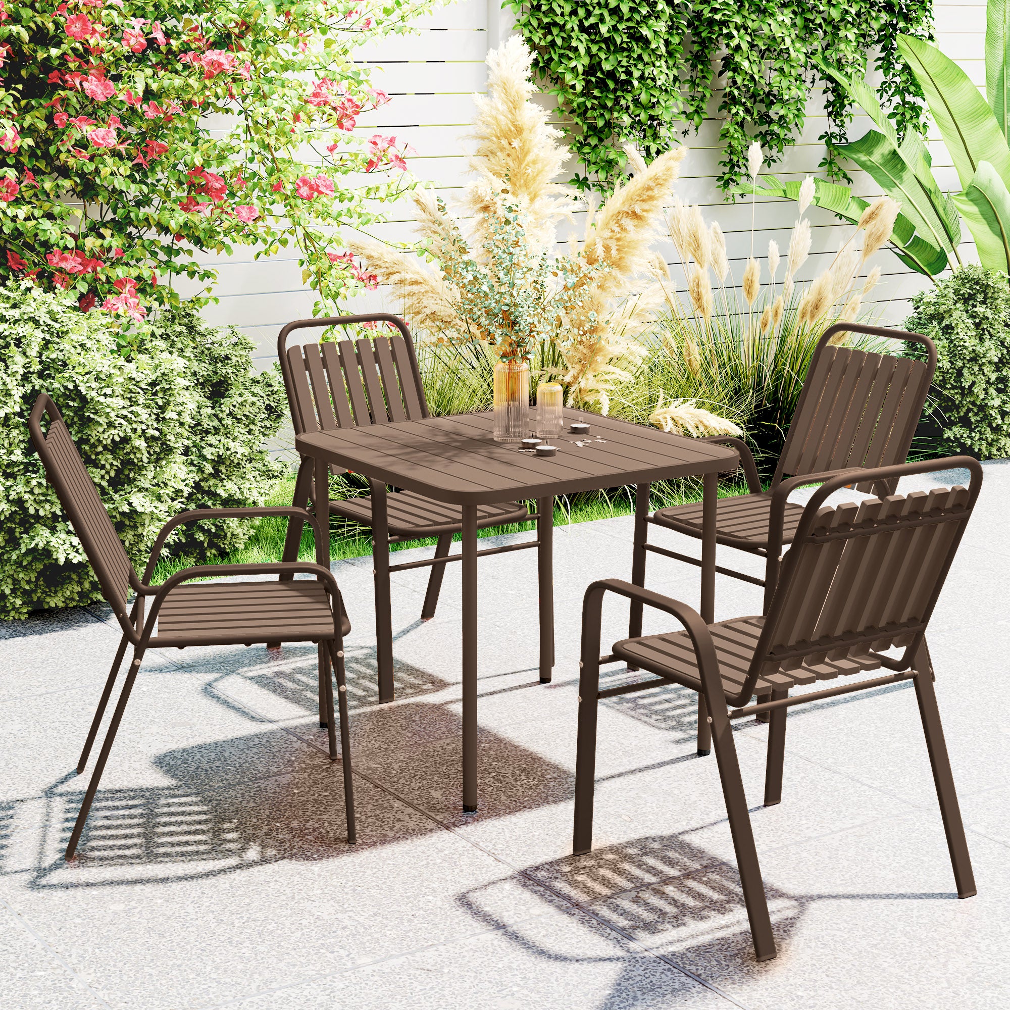 Set of 4 Stackable Outdoor Chairs with High Backrest and Armrests, in Steel and PP, 56x66x91 cm, Dark Brown
