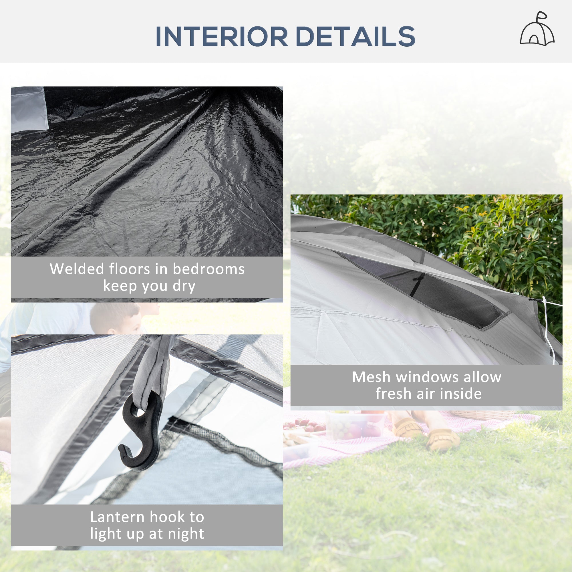 Outsunny camping tent 4-6 people with 2 rooms waterproof with canopy, 590x245x193cm, gray - Borgè