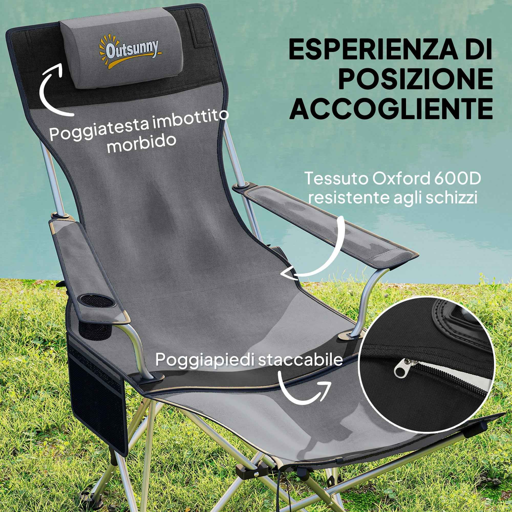 Outsunny Set of 2 Folding Camping Chairs with Footrest and Cup Holder, 82x50/100x88 cm, Grey