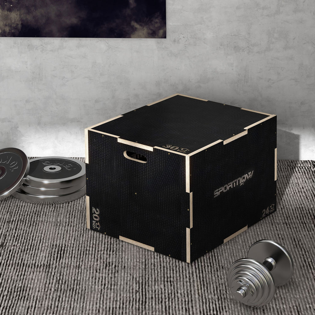 3-Height Plyometric Jump Box in Non-Slip Wood, 76-61-51cm, Black